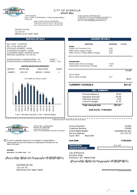 Download USA City of Missoula business utility bill template in Word and PDF formats Photoshop template